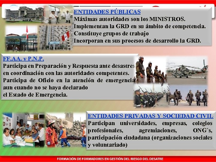ENTIDADES PÚBLICAS Máximas autoridades son los MINISTROS. Implementan la GRD en su ámbito de