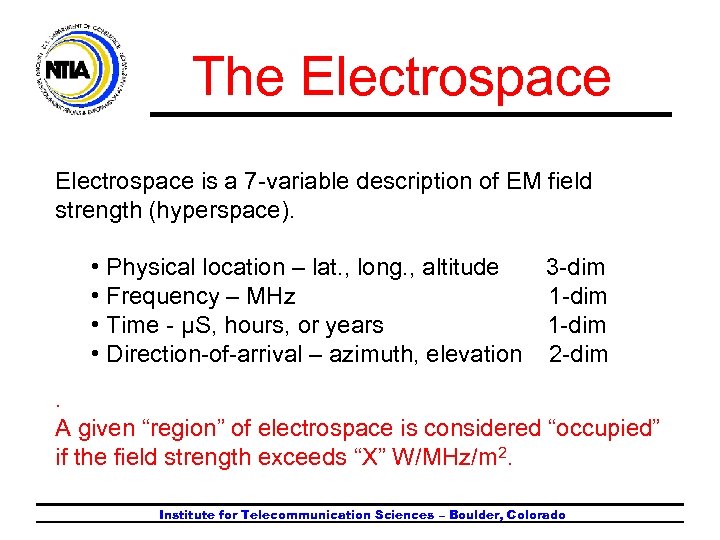 The Electrospace is a 7 -variable description of EM field strength (hyperspace). • Physical