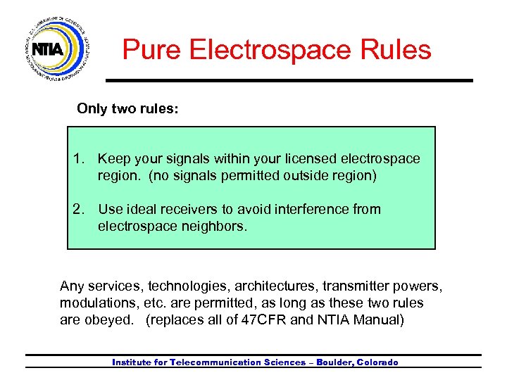 Pure Electrospace Rules Only two rules: 1. Keep your signals within your licensed electrospace