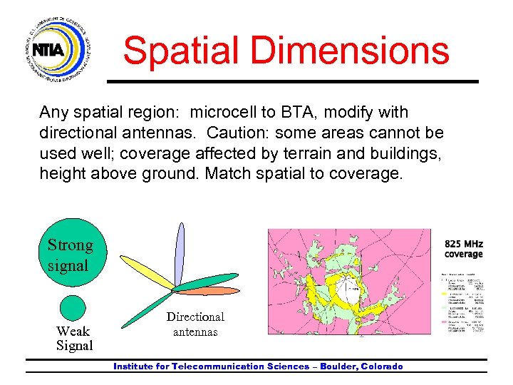 Spatial Dimensions Any spatial region: microcell to BTA, modify with directional antennas. Caution: some