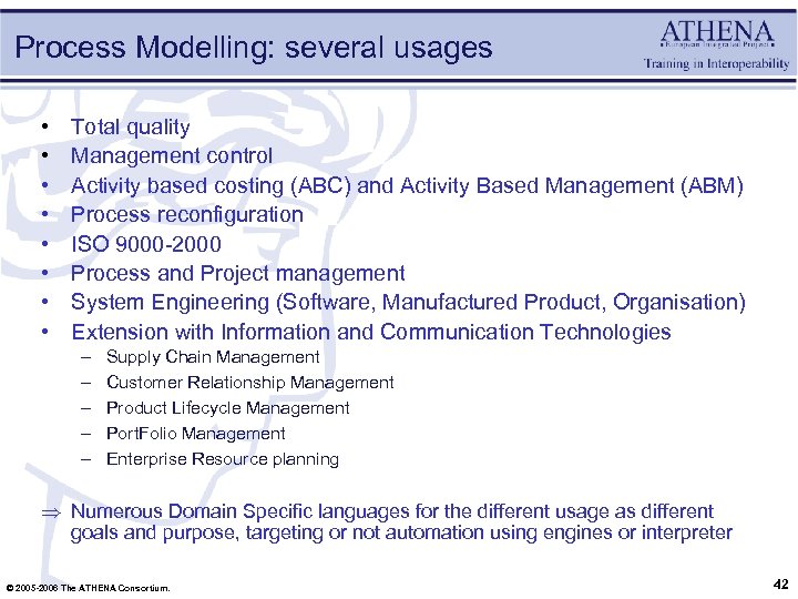 Process Modelling: several usages • • Total quality Management control Activity based costing (ABC)