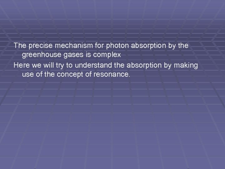 The precise mechanism for photon absorption by the greenhouse gases is complex Here we