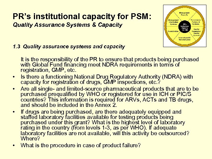 PR’s institutional capacity for PSM: Quality Assurance Systems & Capacity 1. 3 Quality assurance