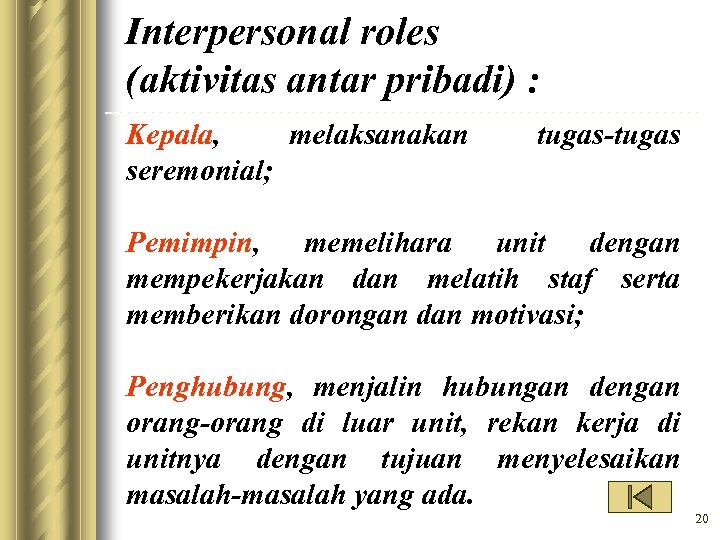 Interpersonal roles (aktivitas antar pribadi) : Kepala, melaksanakan seremonial; tugas-tugas Pemimpin, memelihara unit dengan