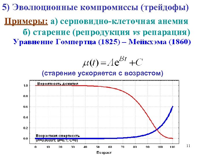 5) Эволюционные компромиссы (трейдофы) Примеры: а) серповидно-клеточная анемия б) старение (репродукция vs репарация) (старение