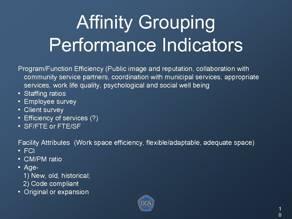 Affinity Grouping Performance Indicators Program/Function Efficiency (Public image and reputation, collaboration with community service