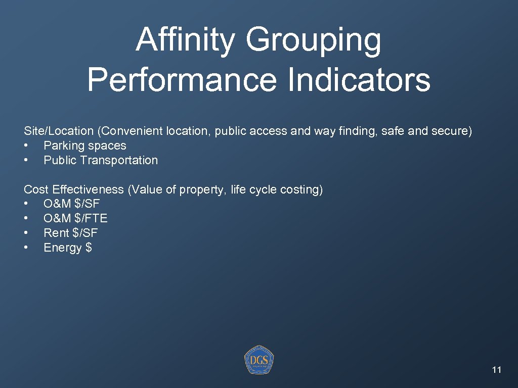 Affinity Grouping Performance Indicators Site/Location (Convenient location, public access and way finding, safe and