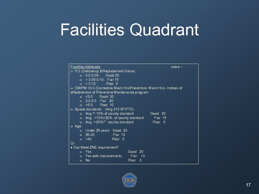 Facilities Quadrant Facilities Attributes score – o FCI (Deficiency $/Replacement Value) o 0. 0