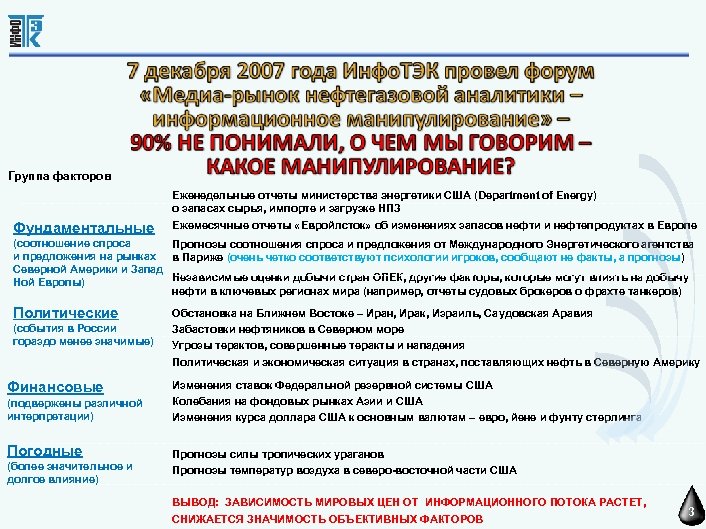 Группа факторов Еженедельные отчеты министерства энергетики США (Department of Energy) о запасах сырья, импорте