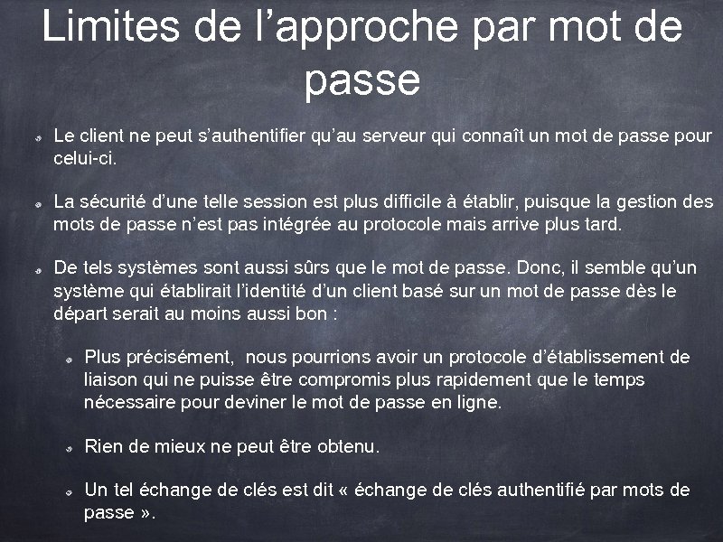 Limites de l’approche par mot de passe Le client ne peut s’authentifier qu’au serveur