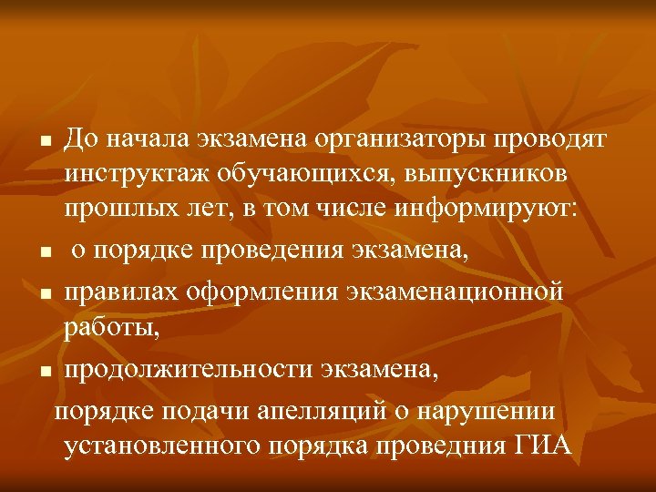До начала экзамена организаторы проводят инструктаж обучающихся, выпускников прошлых лет, в том числе информируют: