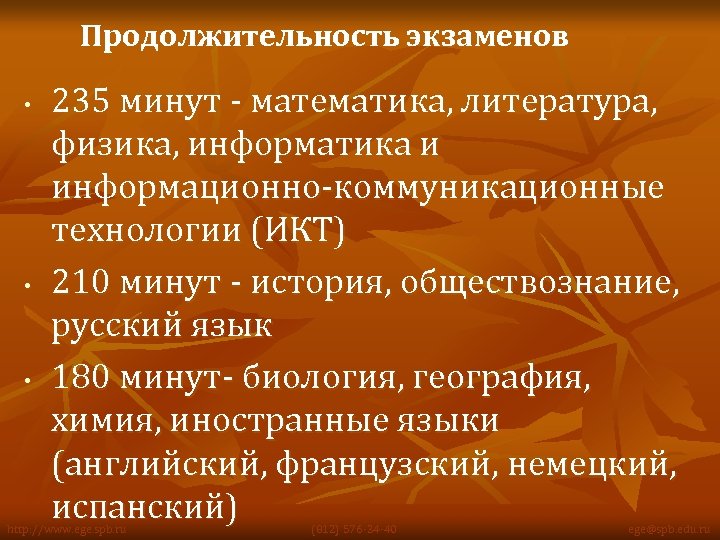 Продолжительность экзаменов • • • 235 минут - математика, литература, физика, информатика и информационно-коммуникационные