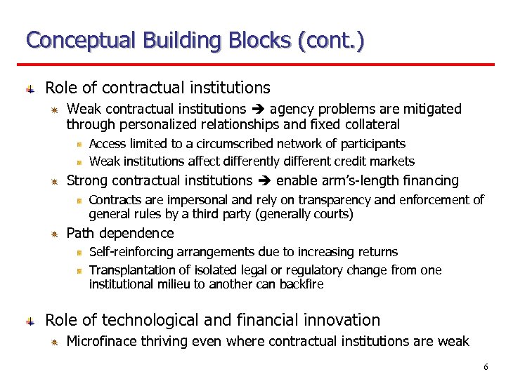 Conceptual Building Blocks (cont. ) Role of contractual institutions Weak contractual institutions agency problems