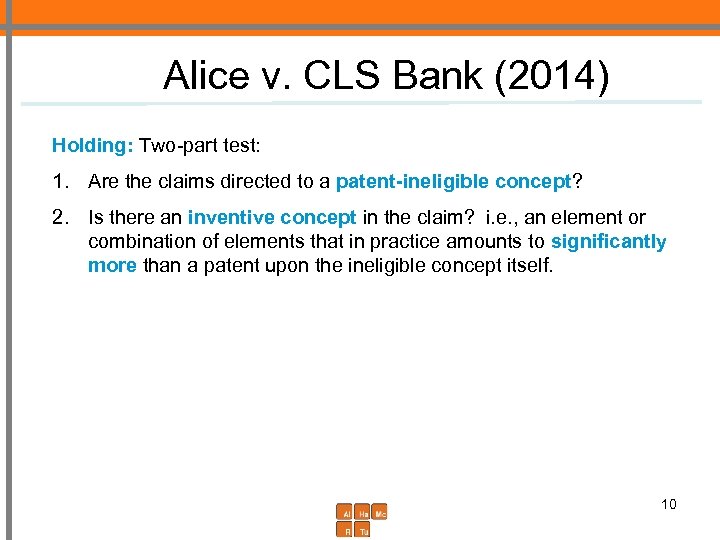 Alice v. CLS Bank (2014) Holding: Two-part test: 1. Are the claims directed to