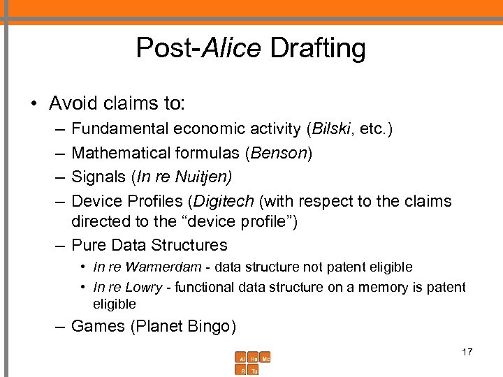 Post-Alice Drafting • Avoid claims to: – – Fundamental economic activity (Bilski, etc. )