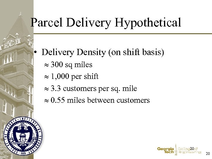 Parcel Delivery Hypothetical • Delivery Density (on shift basis) 300 sq miles 1, 000