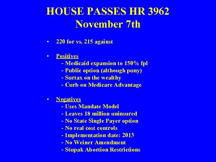 HOUSE PASSES HR 3962 November 7 th • 220 for vs. 215 against •