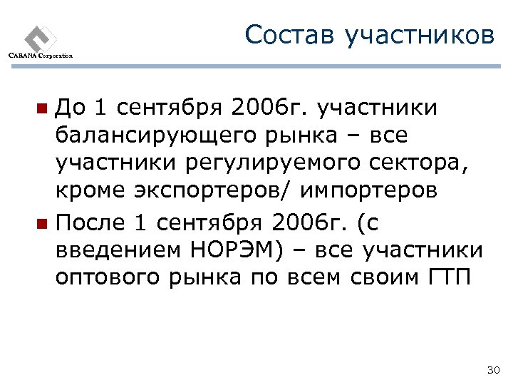 Состав участников CARANA Corporation До 1 сентября 2006 г. участники балансирующего рынка – все