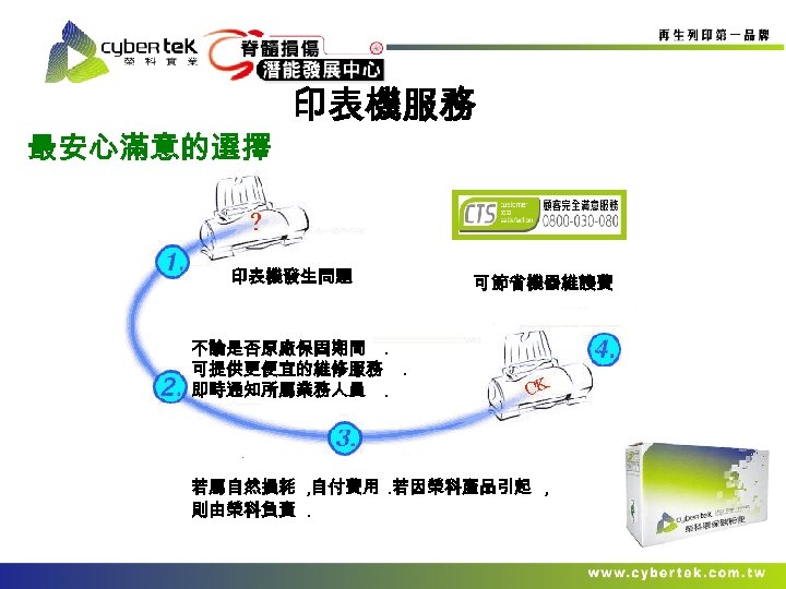 最安心滿意的選擇 印表機服務 印表機發生問題 可 節省機器維謢費 不論是否原廠保固期間. 可提供更便宜的維修服務. 即時通知所屬業務人員. 若屬自然損耗 , 自付費用. 若因榮科產品引起 , 則由榮科負責.