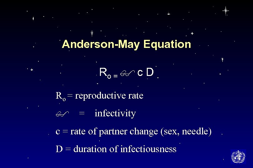 Anderson-May Equation Ro = $ c D Ro = reproductive rate $ = infectivity