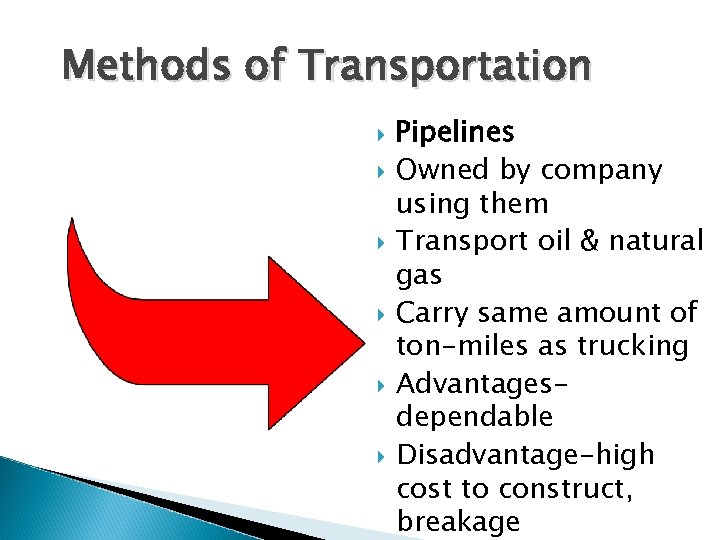 Methods of Transportation Pipelines Owned by company using them Transport oil & natural gas