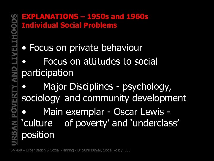 URBAN POVERTY AND LIVELIHOODS EXPLANATIONS – 1950 s and 1960 s Individual Social Problems