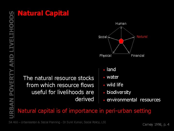 URBAN POVERTY AND LIVELIHOODS Natural Capital Human Social Physical Natural Financial • The natural