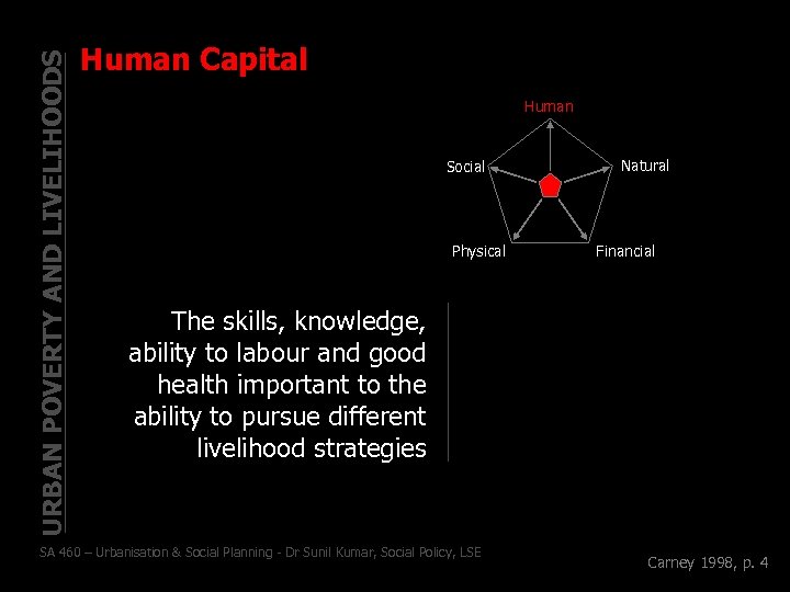 URBAN POVERTY AND LIVELIHOODS Human Capital Human Social Physical Natural Financial The skills, knowledge,