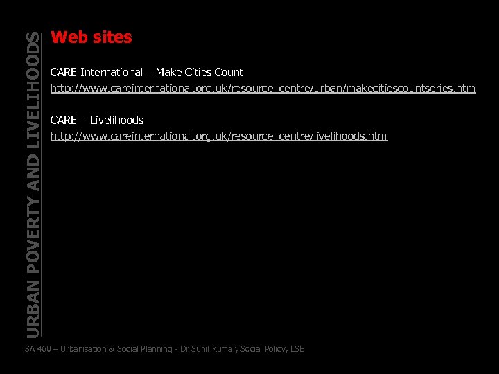 URBAN POVERTY AND LIVELIHOODS Web sites CARE International – Make Cities Count http: //www.