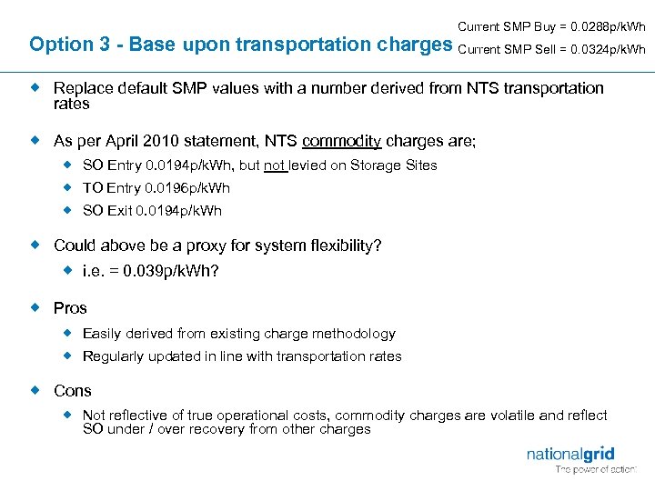 Current SMP Buy = 0. 0288 p/k. Wh Option 3 - Base upon transportation
