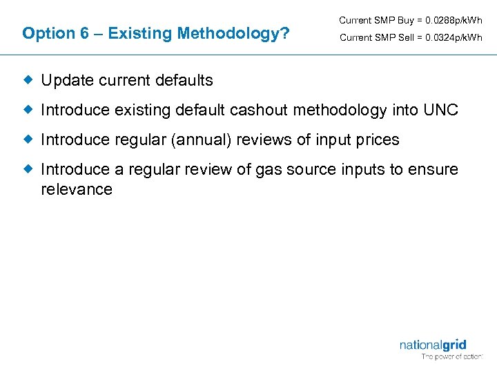 Option 6 – Existing Methodology? Current SMP Buy = 0. 0288 p/k. Wh Current
