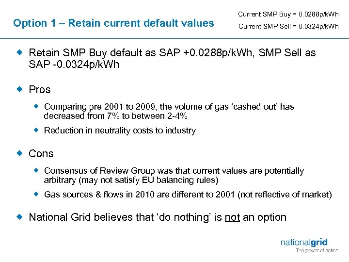 Option 1 – Retain current default values Current SMP Buy = 0. 0288 p/k.