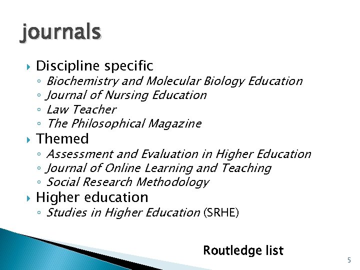 journals Discipline specific ◦ ◦ Biochemistry and Molecular Biology Education Journal of Nursing Education