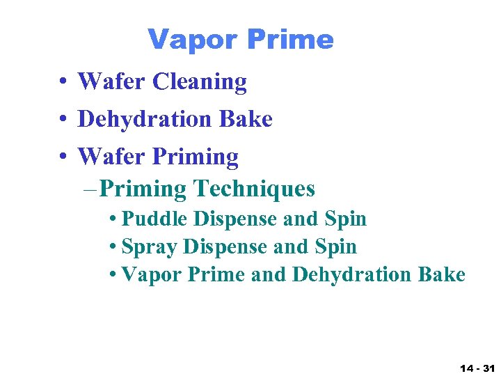 Vapor Prime • Wafer Cleaning • Dehydration Bake • Wafer Priming – Priming Techniques