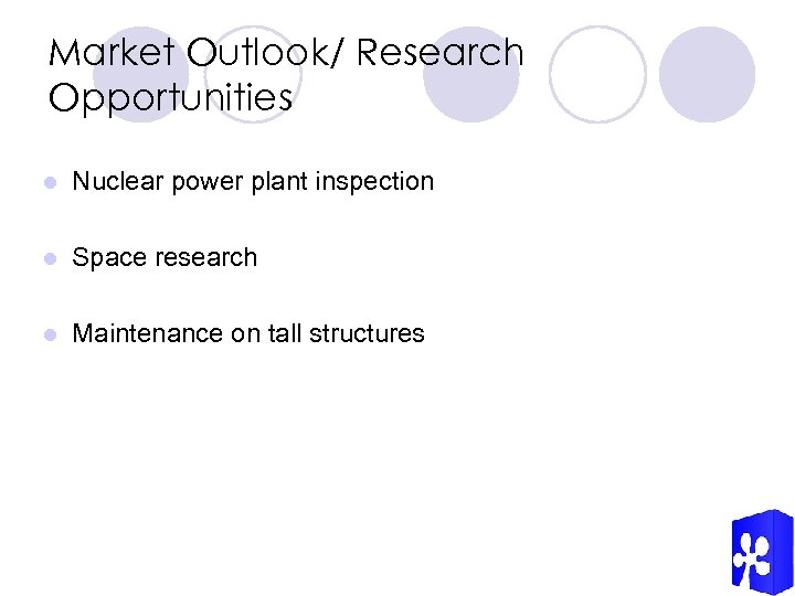 Market Outlook/ Research Opportunities l Nuclear power plant inspection l Space research l Maintenance