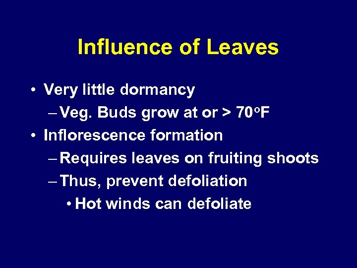 Influence of Leaves • Very little dormancy – Veg. Buds grow at or >