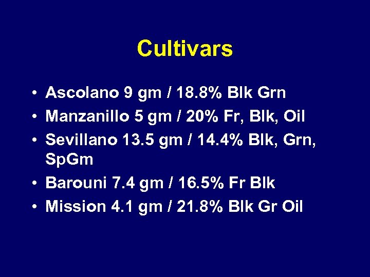 Cultivars • Ascolano 9 gm / 18. 8% Blk Grn • Manzanillo 5 gm