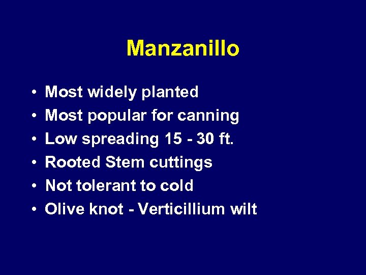 Manzanillo • • • Most widely planted Most popular for canning Low spreading 15