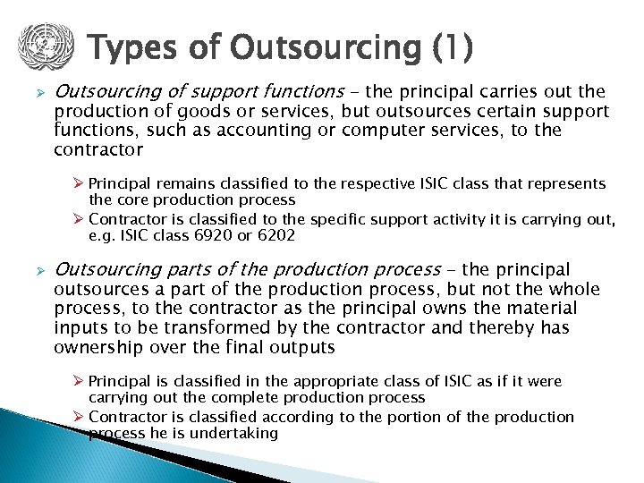 Types of Outsourcing (1) Ø Outsourcing of support functions - the principal carries out