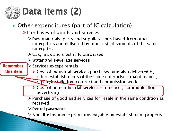 Data Items (2) Ø Other expenditures (part of IC calculation) Ø Purchases of goods
