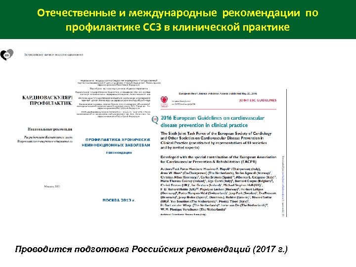 Отечественные и международные рекомендации по профилактике ССЗ в клинической практике Проводится подготовка Российских рекомендаций