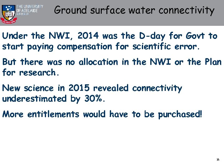 Ground surface water connectivity Under the NWI, 2014 was the D-day for Govt to