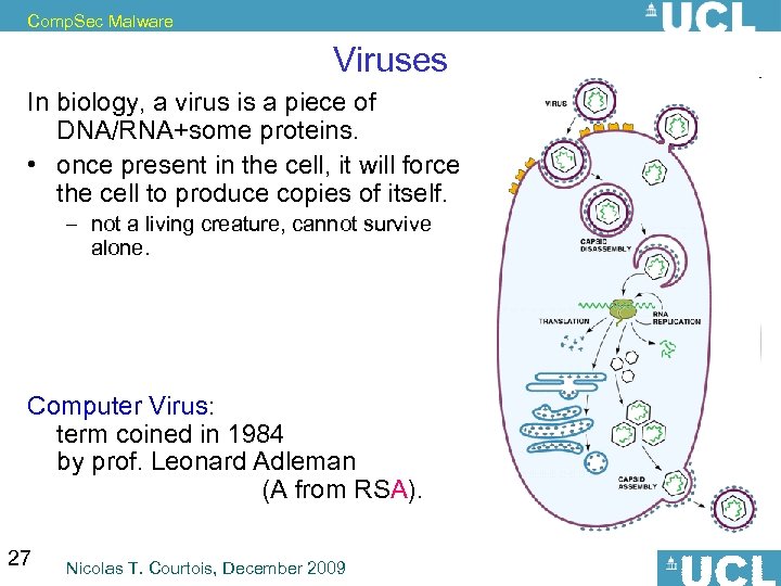 Comp. Sec Malware Viruses In biology, a virus is a piece of DNA/RNA+some proteins.