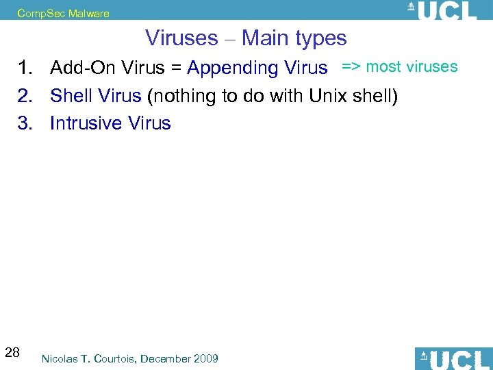 Comp. Sec Malware Viruses – Main types 1. Add-On Virus = Appending Virus =>