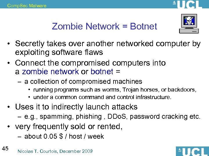 Comp. Sec Malware Zombie Network = Botnet • Secretly takes over another networked computer