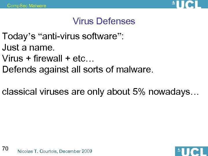 Comp. Sec Malware Virus Defenses Today’s “anti-virus software”: Just a name. Virus + firewall