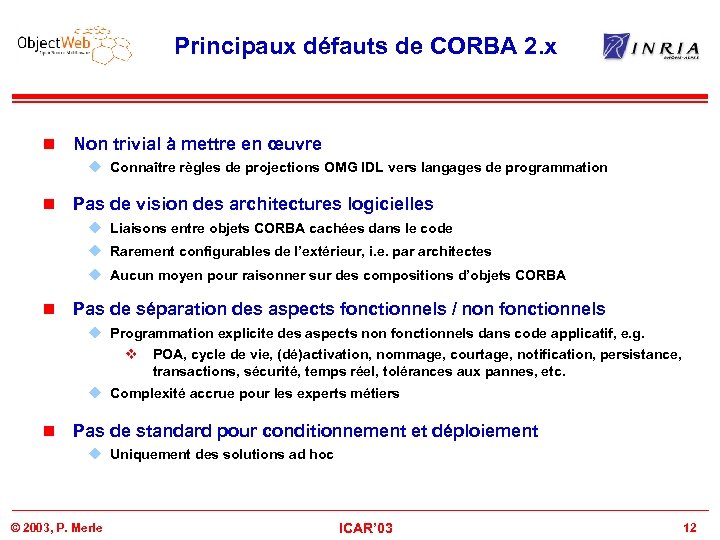 Principaux défauts de CORBA 2. x n Non trivial à mettre en œuvre u