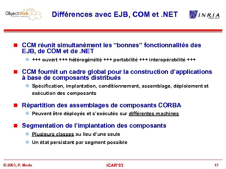 Différences avec EJB, COM et. NET n CCM réunit simultanément les “bonnes” fonctionnalités des