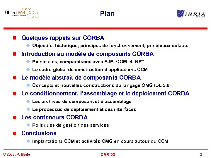 Plan n Quelques rappels sur CORBA u Objectifs, historique, principes de fonctionnement, principaux défauts