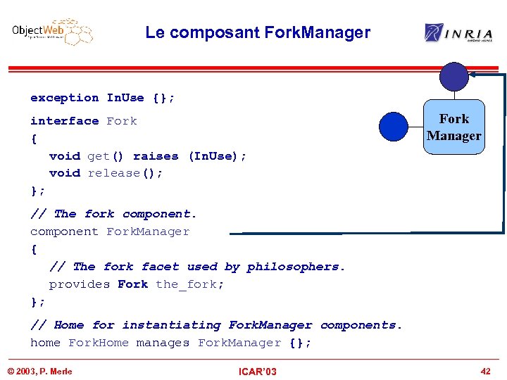 Le composant Fork. Manager exception In. Use {}; interface Fork { void get() raises